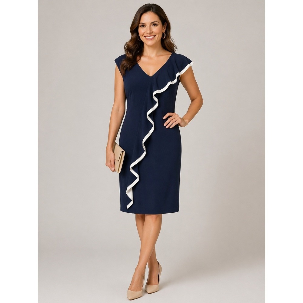Lauren Ralph Lauren Sheath Dress Ruffle Trim V Neck Wedding Guest Event Size 10
